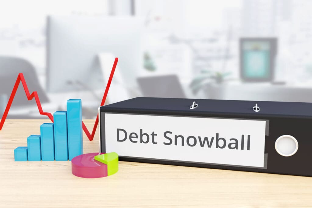 Debt Snowball – Finance/Economy. Folder on desk with label beside diagrams. Business/statistics. 3d rendering