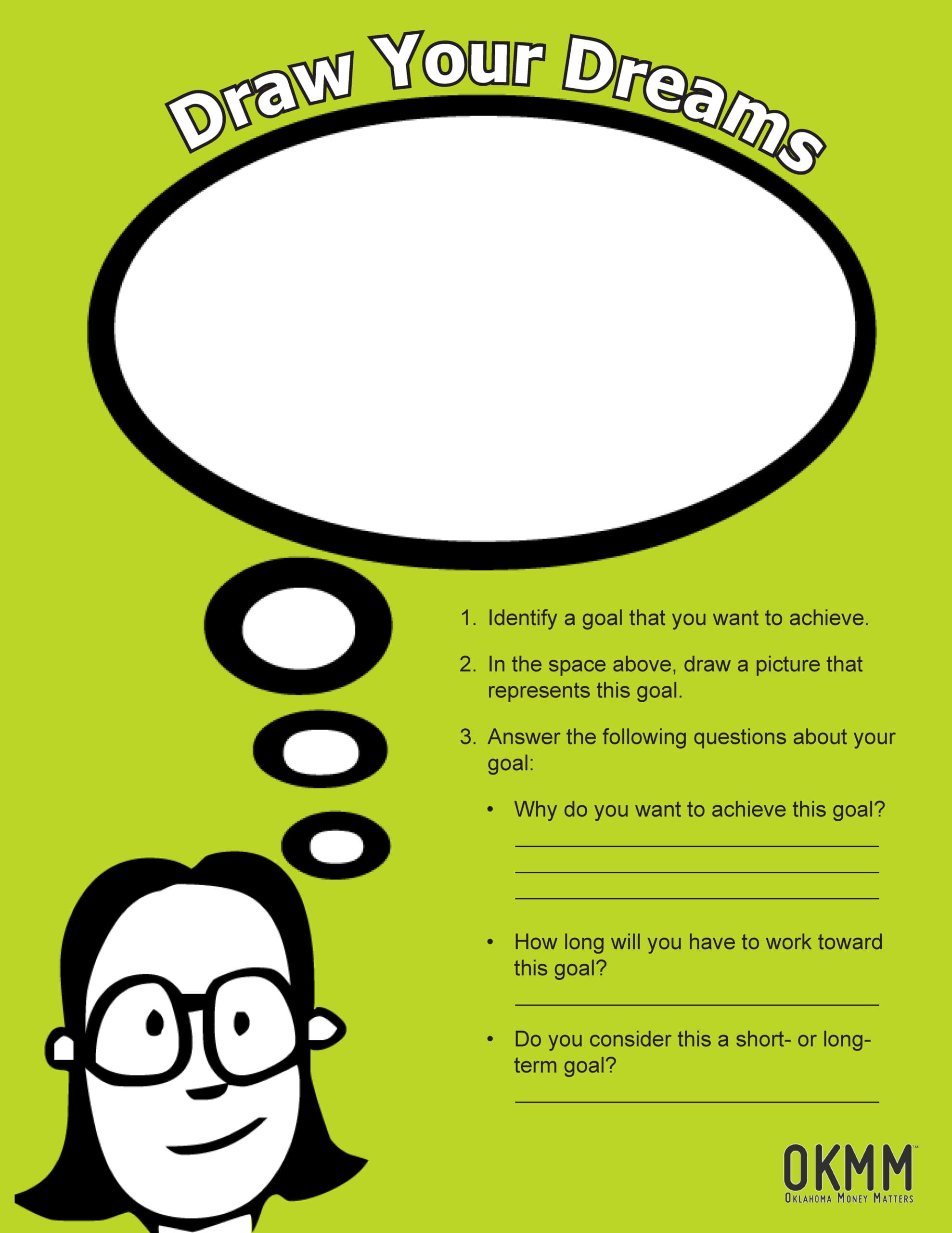 Draw Your Dreams worksheet graphic featuring a thought bubble for goal setting, reflection prompts, and illustrated student face on a green background.