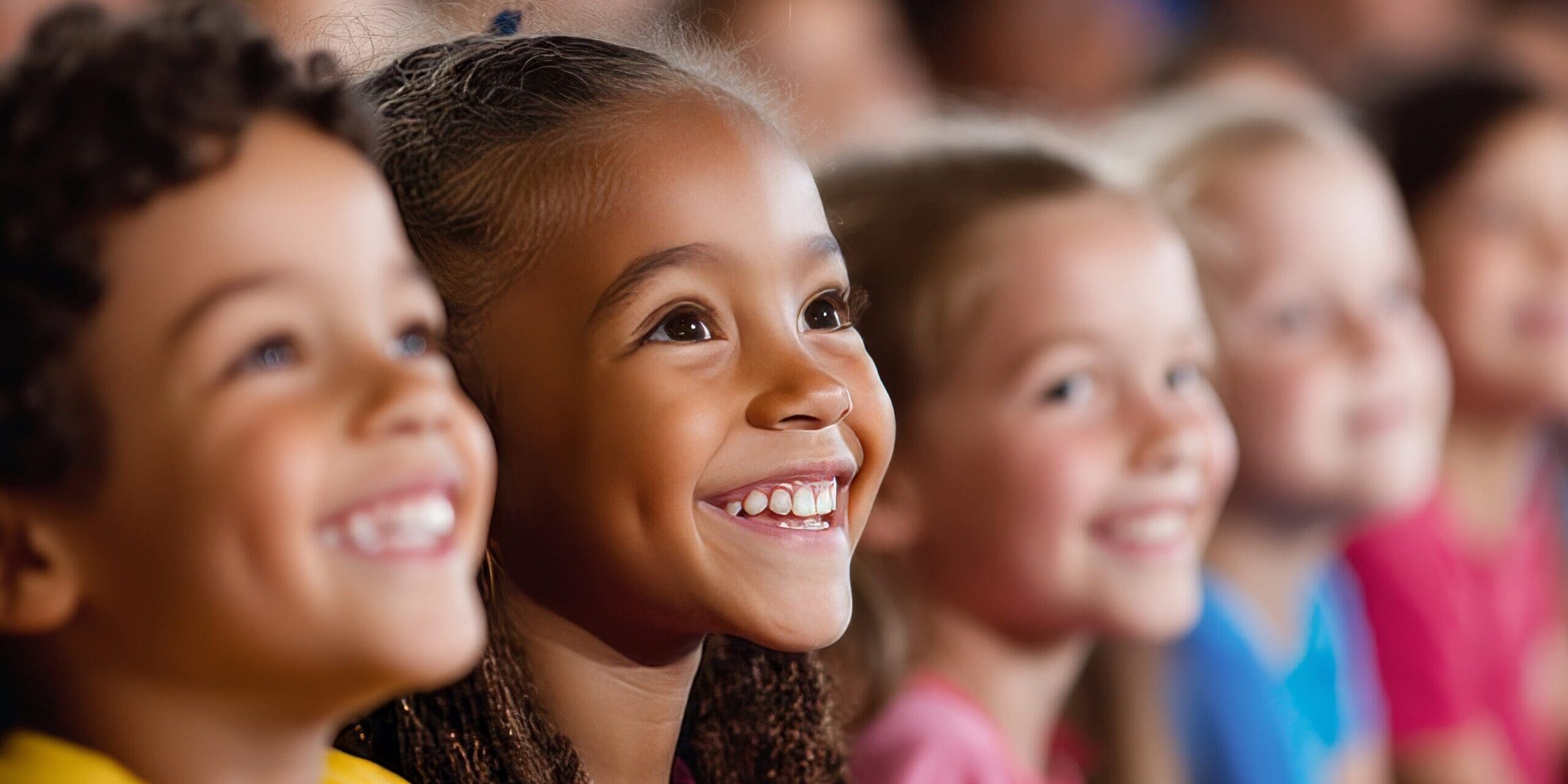 Side view of a children audience enjoying a kids concert or movie with happy smiling faces