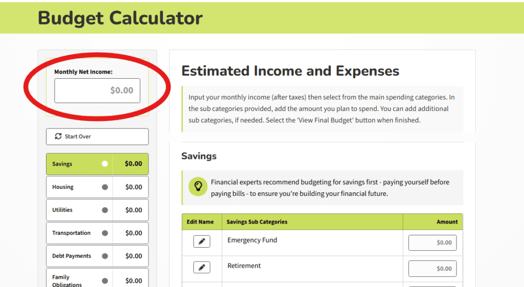Budget Calculator with the Monthly Net Income field highlighted in the sidebar.