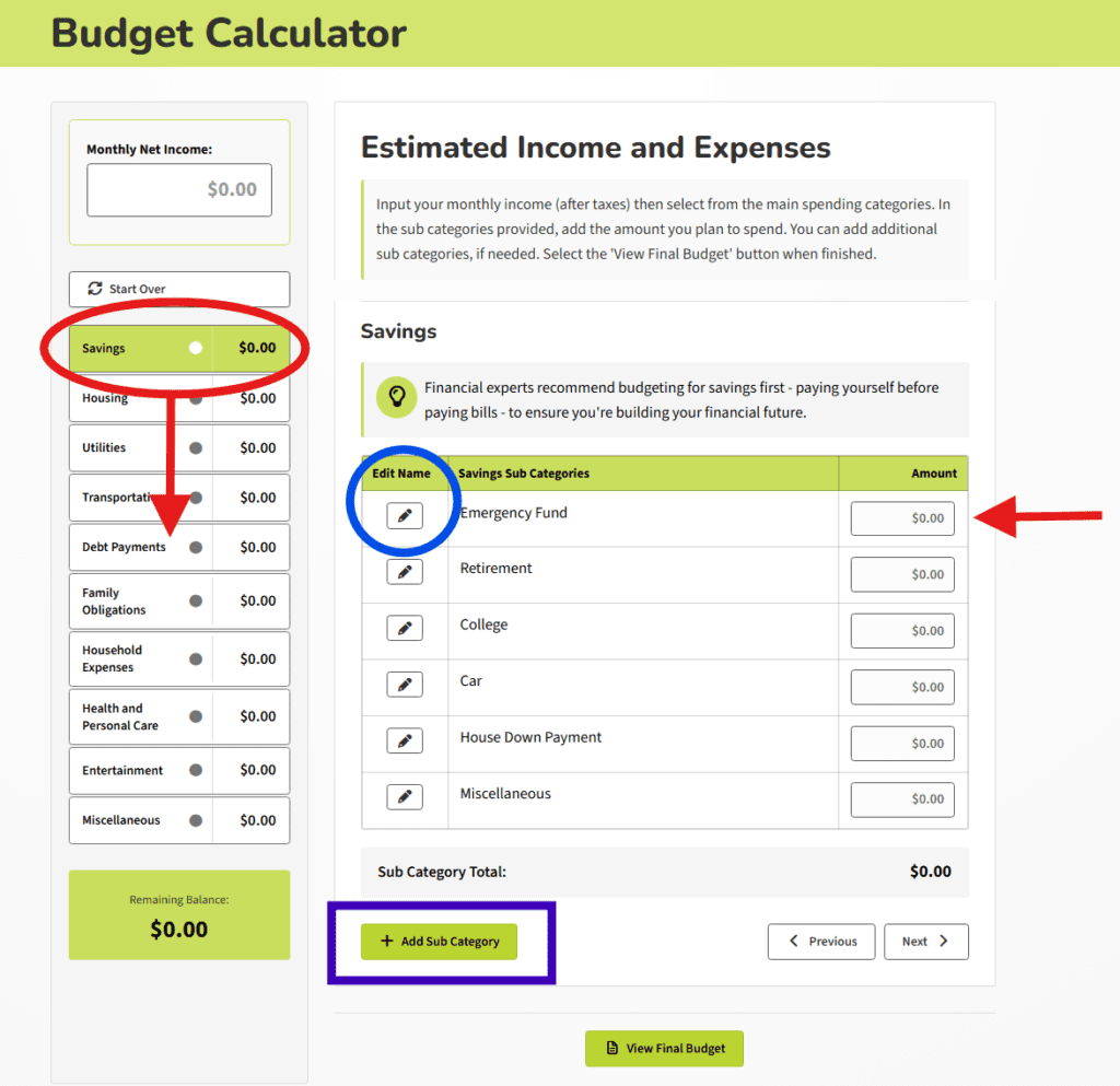 Budget Calculator showing Savings category selected with subcategory expense fields and edit buttons.