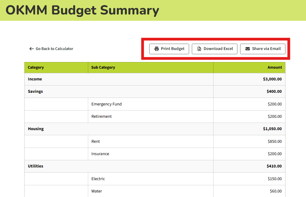 Budget Summary page showing completed budget with Print, Download Excel, and Share via Email buttons.